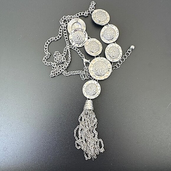 Artsy Sunflower Tassel Necklace Silver Tone Adjustable Length - Picture 3 of 4